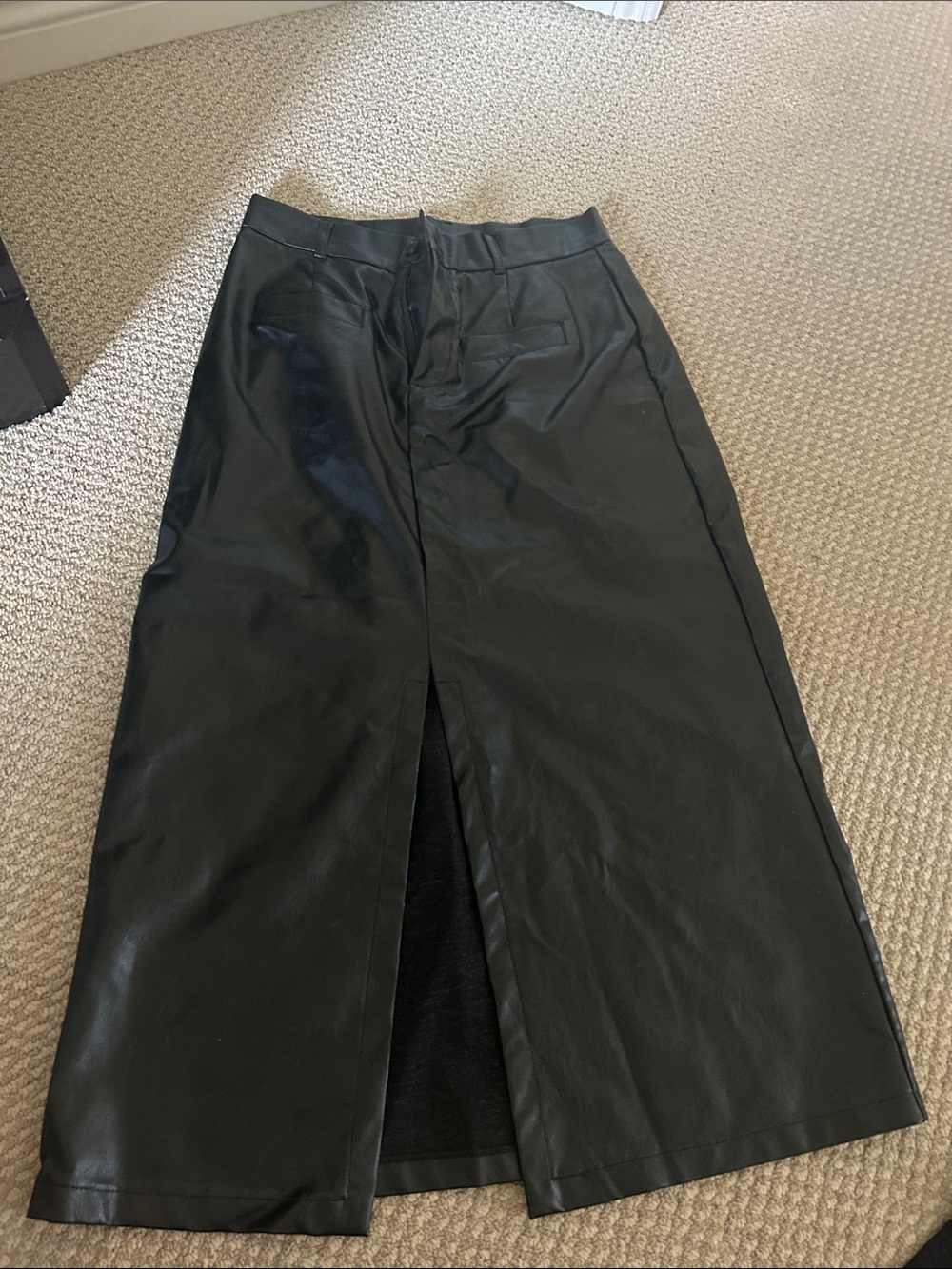 Cider Black Faux Leather Midi Skirt with Front Slit